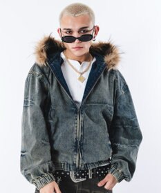 WEGO 【ユニセックス着用ITEM】ファーフードスラッシュデニムブルゾン