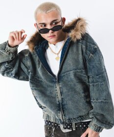 WEGO 【ユニセックス着用ITEM】ファーフードスラッシュデニムブルゾン