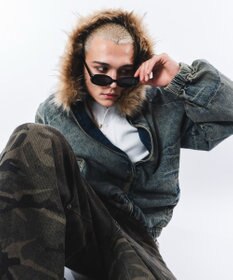 WEGO 【ユニセックス着用ITEM】ファーフードスラッシュデニムブルゾン