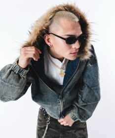 WEGO 【ユニセックス着用ITEM】ファーフードスラッシュデニムブルゾン