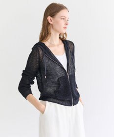 BEIGE， OPTICAL / ペーパーヤーンフーディージップニット Navy