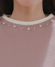 Tiaclasse L 【洗える】襟パール配色ニットトップス