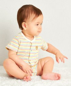 MIKI HOUSE HOT BISCUITS 【70-80cm】 みじんボーダー ワンポイント刺繍 ショートオール