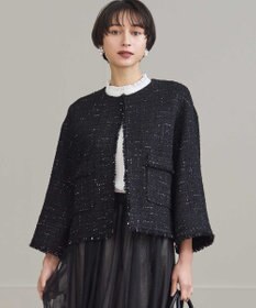 23区 GIOLICAツイード ノーカラー ジャケット ブラックミックス