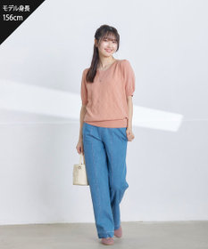 Tiaclasse 【洗える】TCデニム切替ワイドストレートパンツ