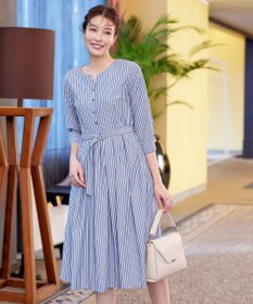 Tiaclasse 【洗える】ベルト付きストライプワンピース
