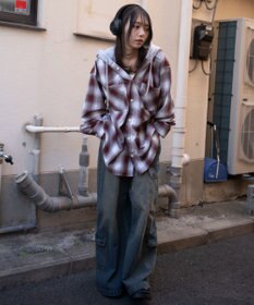 WEGO 【ユニセックス着用ITEM/MLサイズ展開】オンブレチェックフードシャツ（LS）