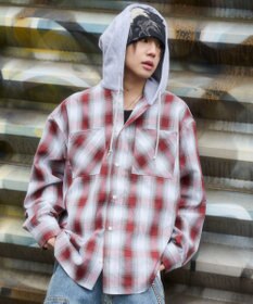 WEGO 【ユニセックス着用ITEM/MLサイズ展開】オンブレチェックフードシャツ（LS）