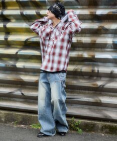 WEGO 【ユニセックス着用ITEM/MLサイズ展開】オンブレチェックフードシャツ（LS）