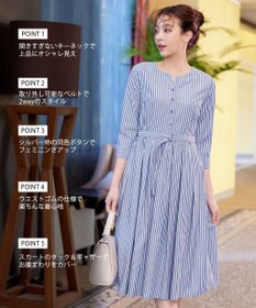 Tiaclasse L 【洗える】ベルト付きストライプワンピース