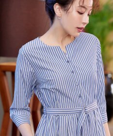 Tiaclasse L 【洗える】ベルト付きストライプワンピース