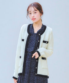Tiaclasse 【洗える】ミドル丈配色ノーカラーニットジャケット