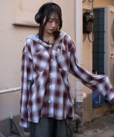 WEGO 【ユニセックス着用ITEM/MLサイズ展開】オンブレチェックフードシャツ（LS）