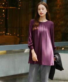 Tiaclasse L 【新色追加・洗える】裏起毛ジョーゼット胸元タックチュニックブラウス