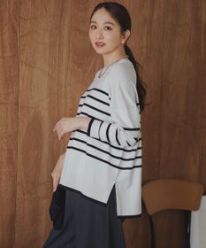 UNFILO マイビューティニット ワイドクルーネック グレージュボーダー