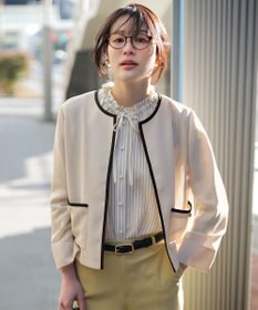 ANY SIS シアーメッシュ ノーカラージャケット ライトベージュ×ブラック