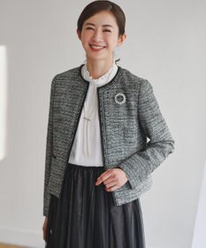 23区 【セットアップ対応】ライトシャインツイード ノーカラージャケット ブラックミックス