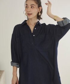 WEGO 【ANGIE VINTAGE】襟が選べる デニム チュニック シャツ （バンドカラー/レギュラーカラー）