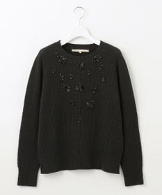 自由区 【洗える】テクスチャーコットンブレンド ビジューデザインニット