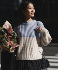 23区 L 【洗える】ウールカシミヤ カラーブロック バルキー ニット サックス×ベージュ