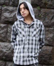 WEGO 【ユニセックス着用ITEM/MLサイズ展開】オンブレチェックフードシャツ（LS）