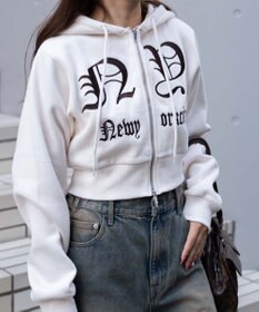 WEGO グラフィック裏起毛ショートZIPパーカー