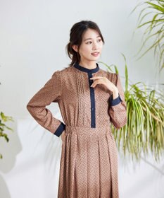 Tiaclasse 【新色追加・洗える】配色バンドカラー幾何学柄ワンピース