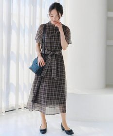 Tiaclasse L 【新色追加・洗える】チェック柄フレア袖シアーワンピース