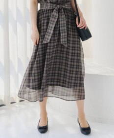 Tiaclasse L 【新色追加・洗える】チェック柄フレア袖シアーワンピース