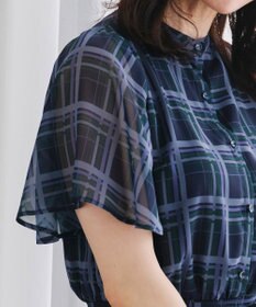 Tiaclasse L 【新色追加・洗える】チェック柄フレア袖シアーワンピース