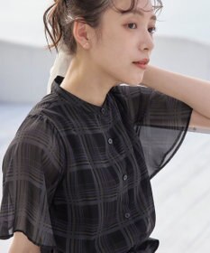 Tiaclasse L 【新色追加・洗える】チェック柄フレア袖シアーワンピース