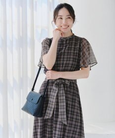 Tiaclasse 【新色追加・洗える】チェック柄フレア袖シアーワンピース