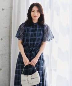 Tiaclasse L 【新色追加・洗える】チェック柄フレア袖シアーワンピース