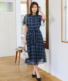 Tiaclasse L 【新色追加・洗える】チェック柄フレア袖シアーワンピース