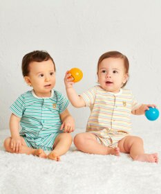 MIKI HOUSE HOT BISCUITS 【70-80cm】 みじんボーダー ワンポイント刺繍 ショートオール