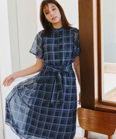 Tiaclasse L 【新色追加・洗える】チェック柄フレア袖シアーワンピース