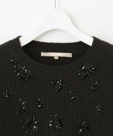 自由区 【洗える】テクスチャーコットンブレンド ビジューデザインニット