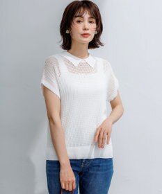 組曲 【WEB限定・前後着用可】メッシュニット 襟付き半袖カーディガン