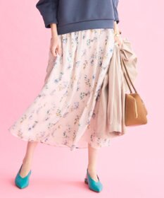 自由区 L エアリーローン花柄プリント スカート ベージュ×ブルー