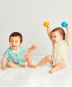 MIKI HOUSE HOT BISCUITS 【70-80cm】 みじんボーダー ワンポイント刺繍 ショートオール