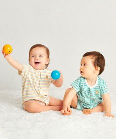 MIKI HOUSE HOT BISCUITS 【70-80cm】 みじんボーダー ワンポイント刺繍 ショートオール