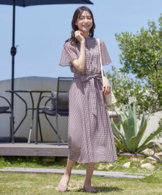 Tiaclasse L 【新色追加・洗える】チェック柄フレア袖シアーワンピース