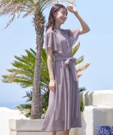 Tiaclasse L 【新色追加・洗える】チェック柄フレア袖シアーワンピース