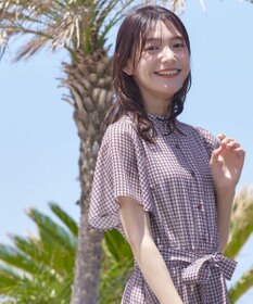 Tiaclasse L 【新色追加・洗える】チェック柄フレア袖シアーワンピース