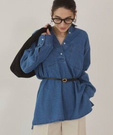 WEGO 【ANGIE VINTAGE】襟が選べる デニム チュニック シャツ （バンドカラー/レギュラーカラー）