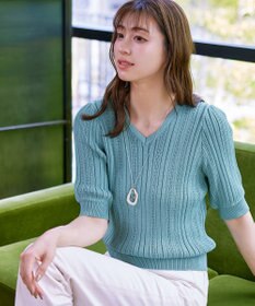 Tiaclasse L 【洗える】パフスリーブ透かし編みニットトップス