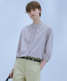 J.PRESS LADIES 【洗える・接触冷感・吸水速乾】麻STRIPE バンドカラー シャツ ブラウス
