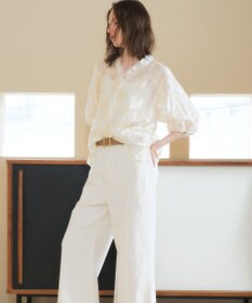 YECCA VECCA フリルVネック刺繍シアーシャツ