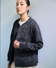 ICB ライトブッチャーツイード ノーカラージャケット ネイビーミックス