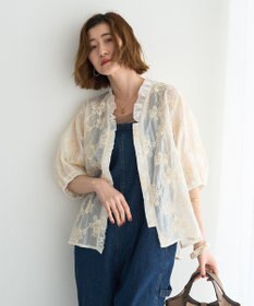 YECCA VECCA フリルVネック刺繍シアーシャツ